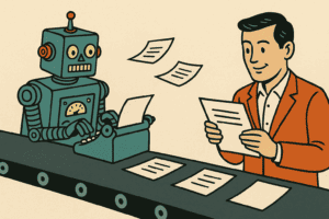 Retro robot production line creating content, with human editor checking quality – content marketing in the AI age.