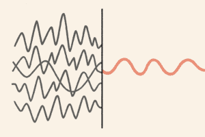 Minimalist retro illustration showing a smooth coral waveform cutting through noisy jagged lines: consultancy vs agency clarity.