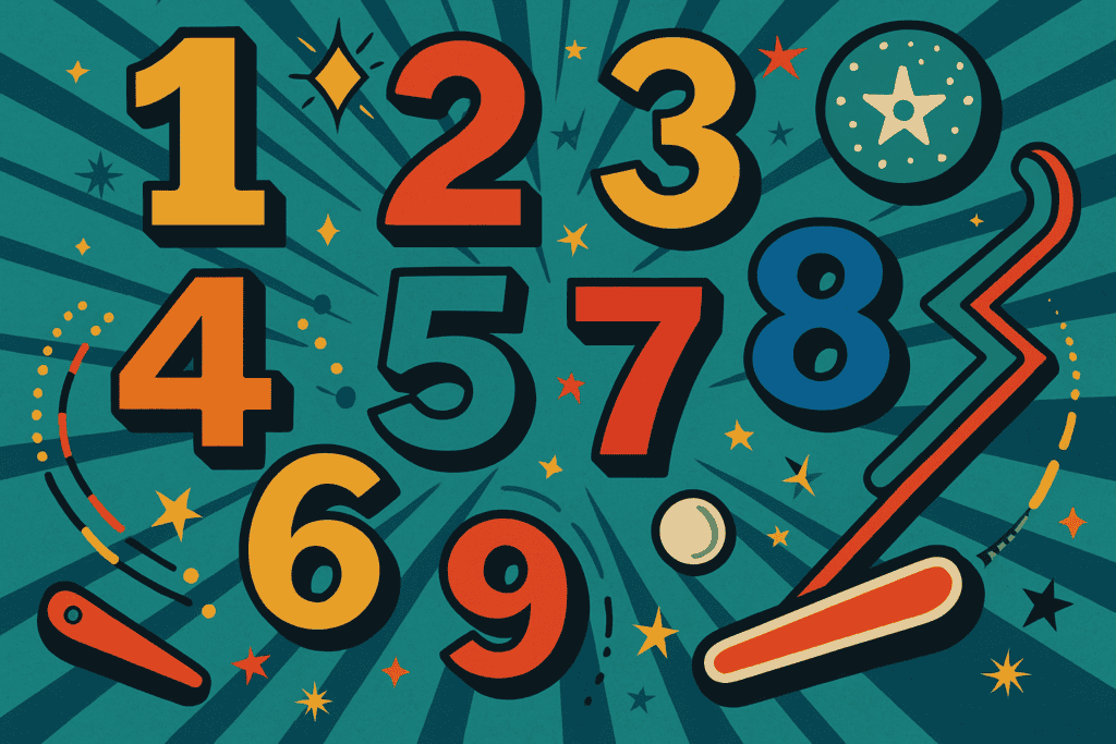 A retro pinball machine illustration with bright numbered bumpers 1 through 9. On one side, balls bounce chaotically, symbolising noisy content. On the other, a clean glowing ball follows the numbered sequence, symbolising the clarity of a structured listicle.
