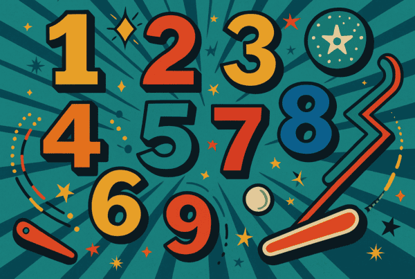A retro pinball machine illustration with bright numbered bumpers 1 through 9. On one side, balls bounce chaotically, symbolising noisy content. On the other, a clean glowing ball follows the numbered sequence, symbolising the clarity of a structured listicle.